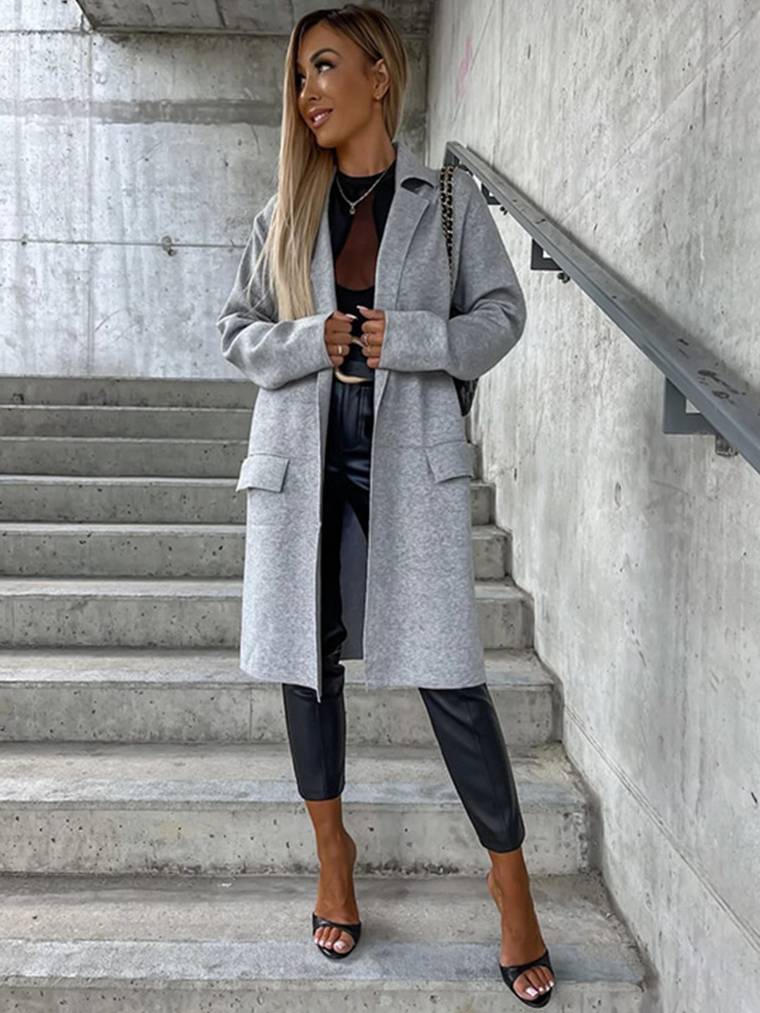 StyleCast Grey Front-Open Notched Lapel Overcoat