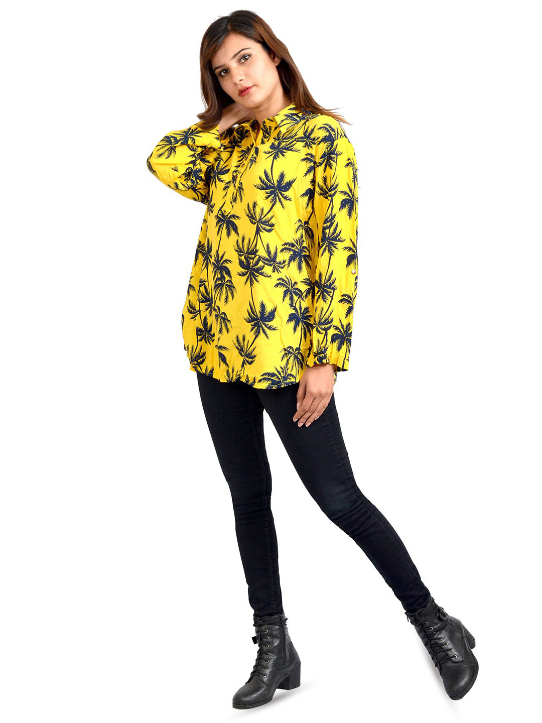 WOOL 4U Women Tropical Print Roll-Up Sleeves Cotton Top