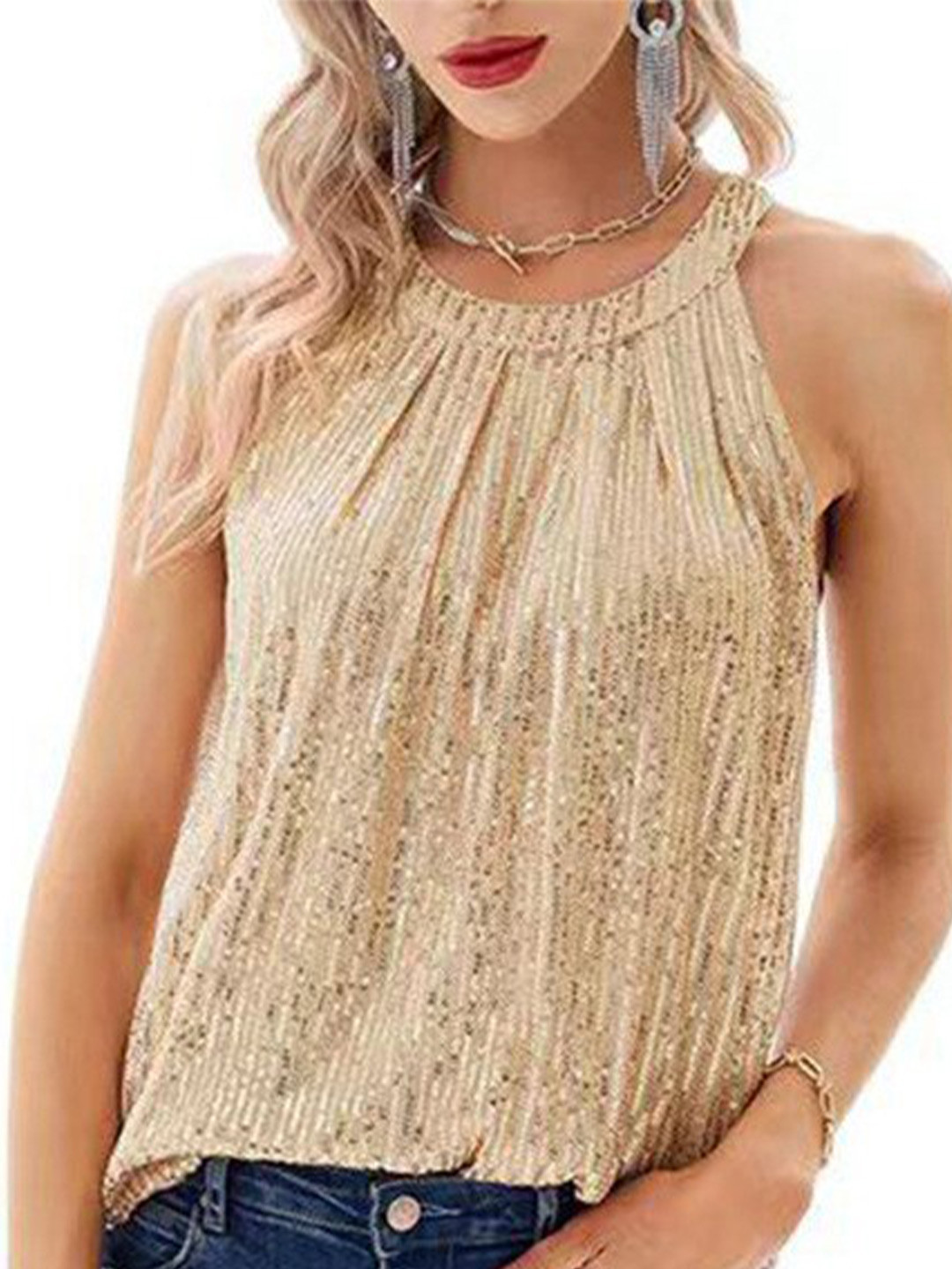 StyleCast Brown Embellished Halter Neck Party Top