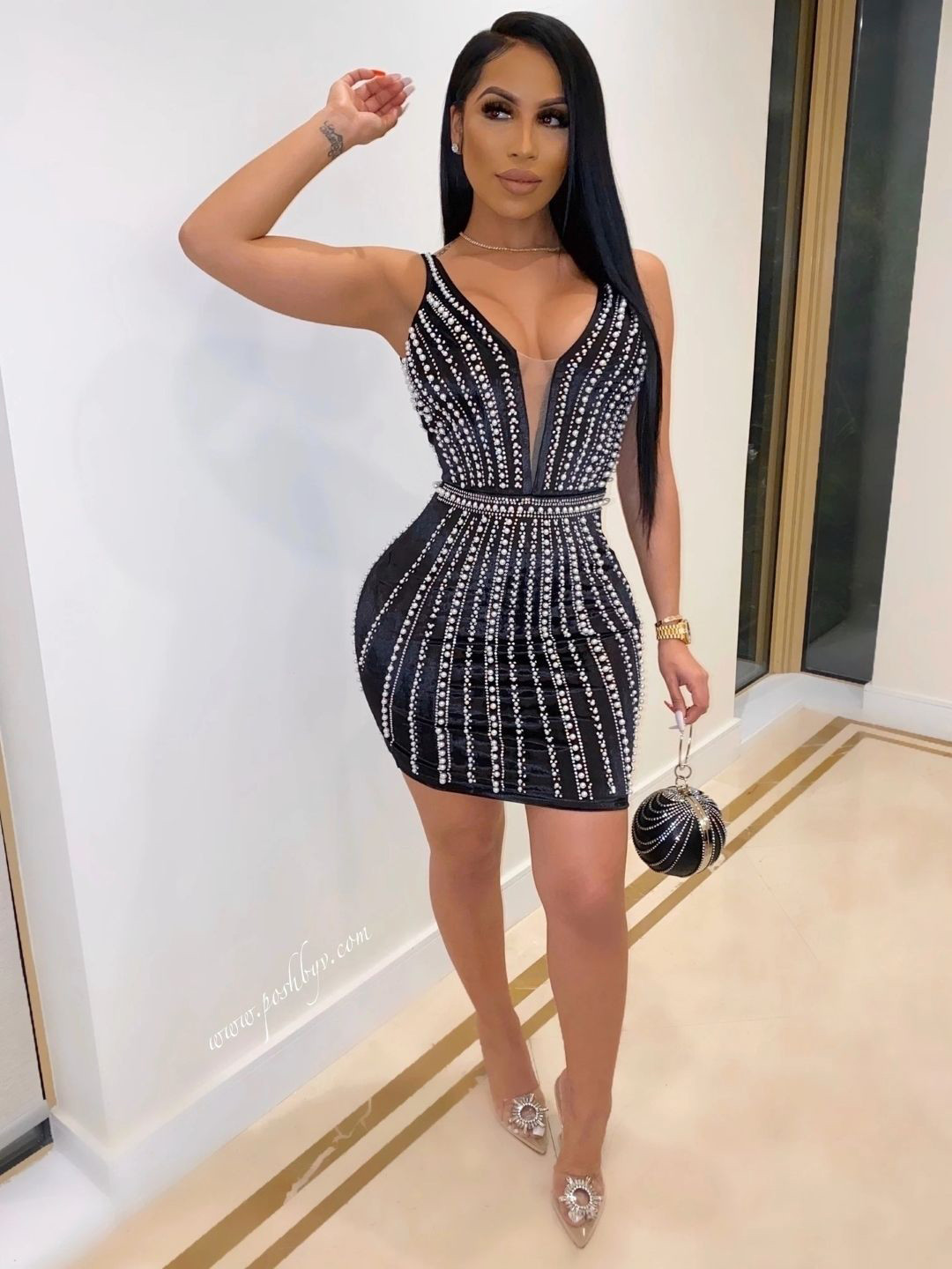 KPOP Black Embellished Striped Mini Bodycon Dress