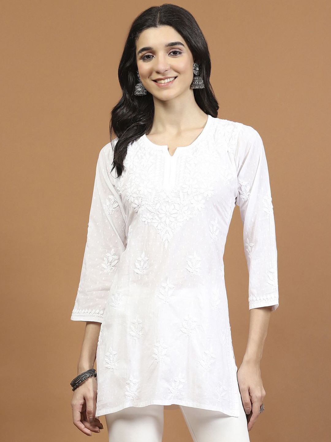 Meena Bazaar Floral Embroidered Chikankari Cotton Short Kurti