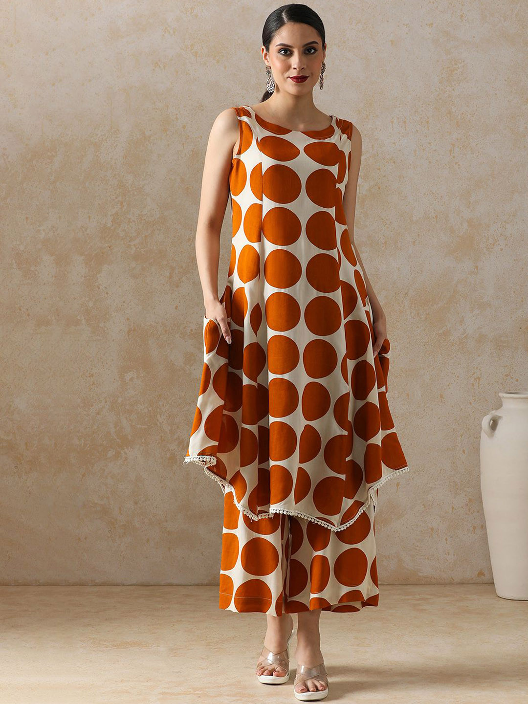 Moara Polka Dot Printed Boat Neck A Line Kurta With Palazzos