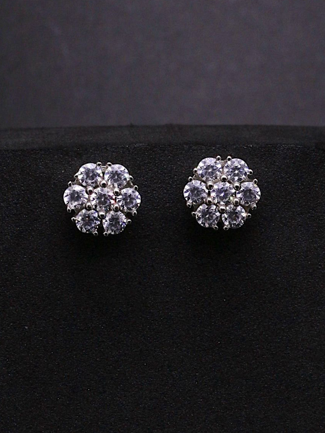 Silver by HM 925 Sterling Silver Rhodium-Plated CZ Studded Floral Shaped Studs
