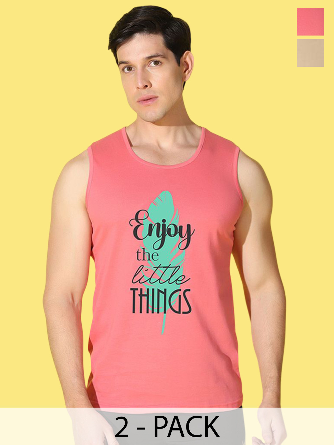 WOOSTRO Pack Of 2 Printed Combed Cotton Gym Vests VWS26(ALONE RUST)(ENJOY PEACH)