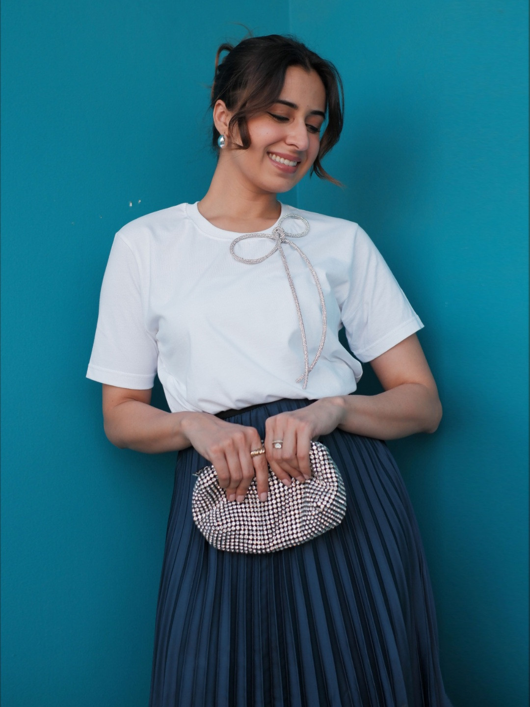 WEAVING CULT Rhinestone Bow Detailed Cotton Oversized T-Shirt