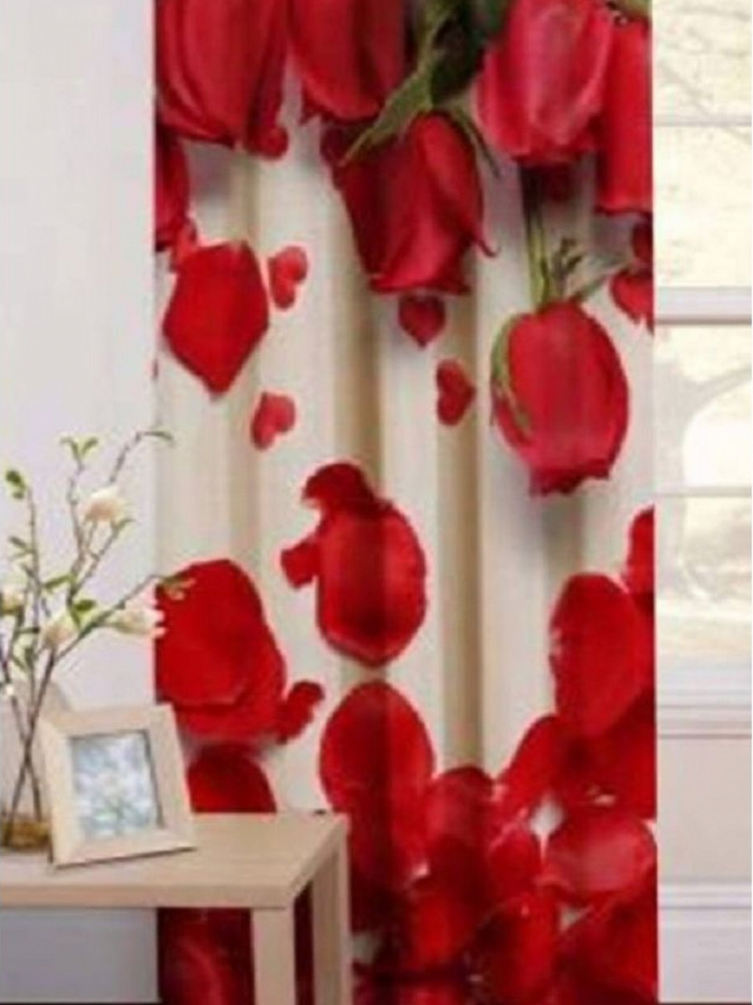 Aura White & Red Rose Up Down Printed Light Blocking Window Curtain