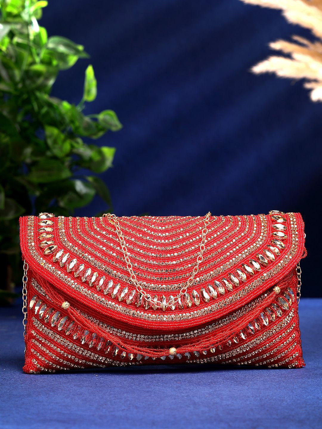 Anekaant Adorn Red & Gold Stone Work Embellished Faux Silk Clutch