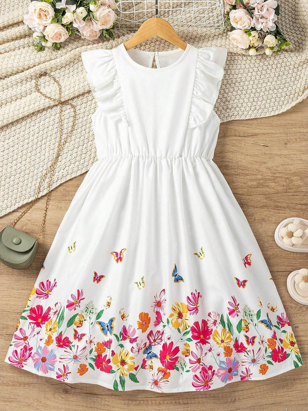 White World Girls Floral Print Fit & Flare Midi Dress
