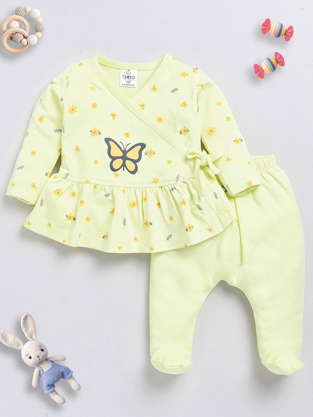 YK X Tinyo Infant Girls Pure Cotton Floral Printed Frock with Footies