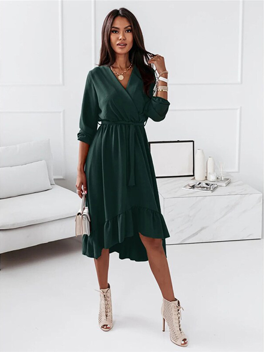 StyleCast Green V-Neck Tie Ups A-Line Dress With Belt