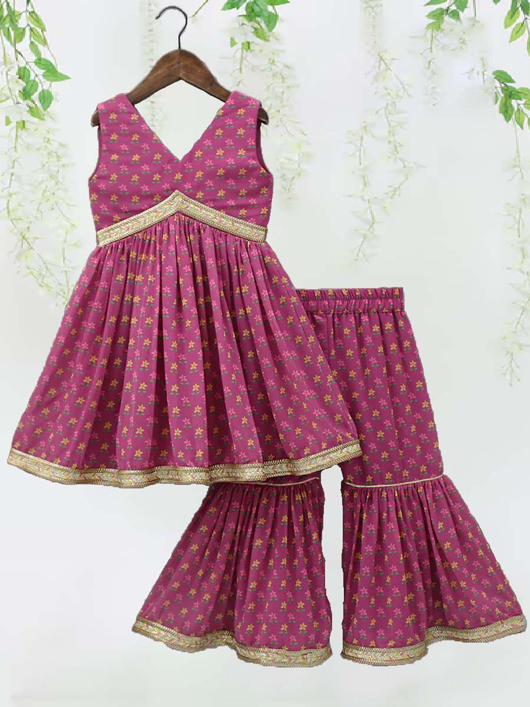 White World Girls Floral Printed Sleeveless V-Neck Anarkali Kurti With Sharara