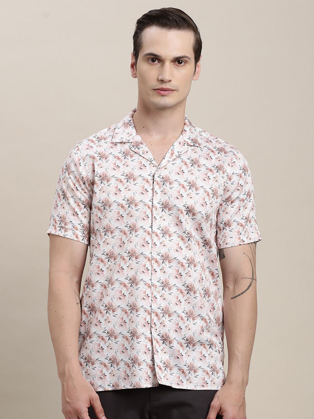 Turtle Floral Printed Cuban Collar Relaxed Cotton Tencel Shirt
