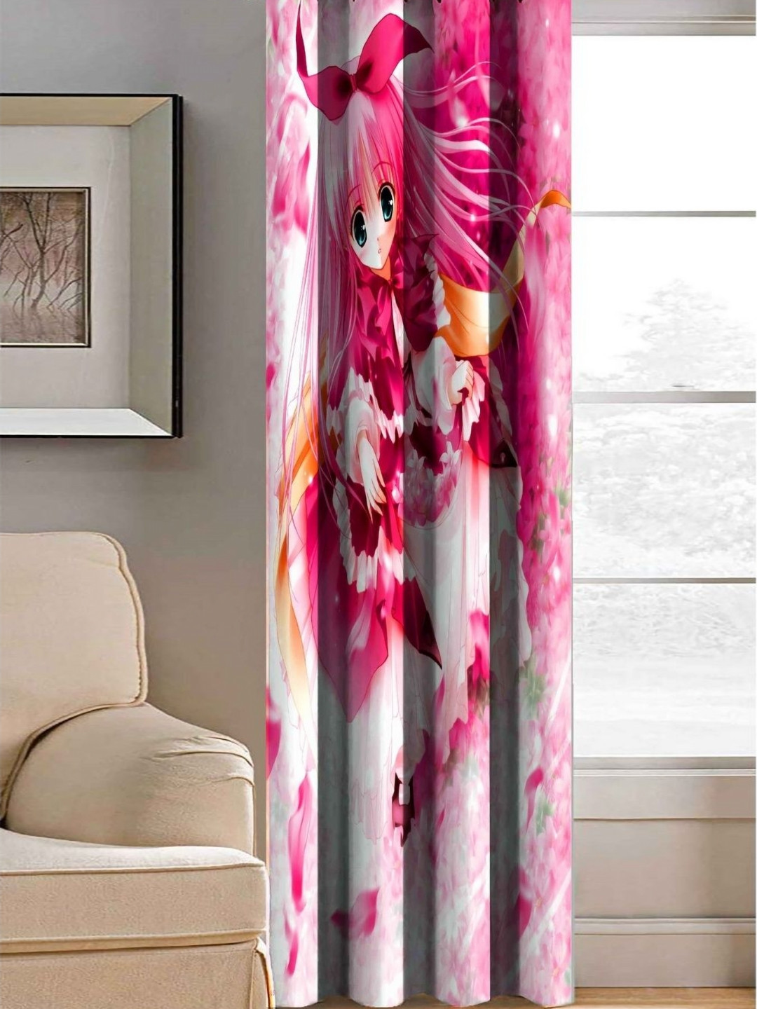 Aura White & Pink Doll Printed Light Blocking Window Curtain