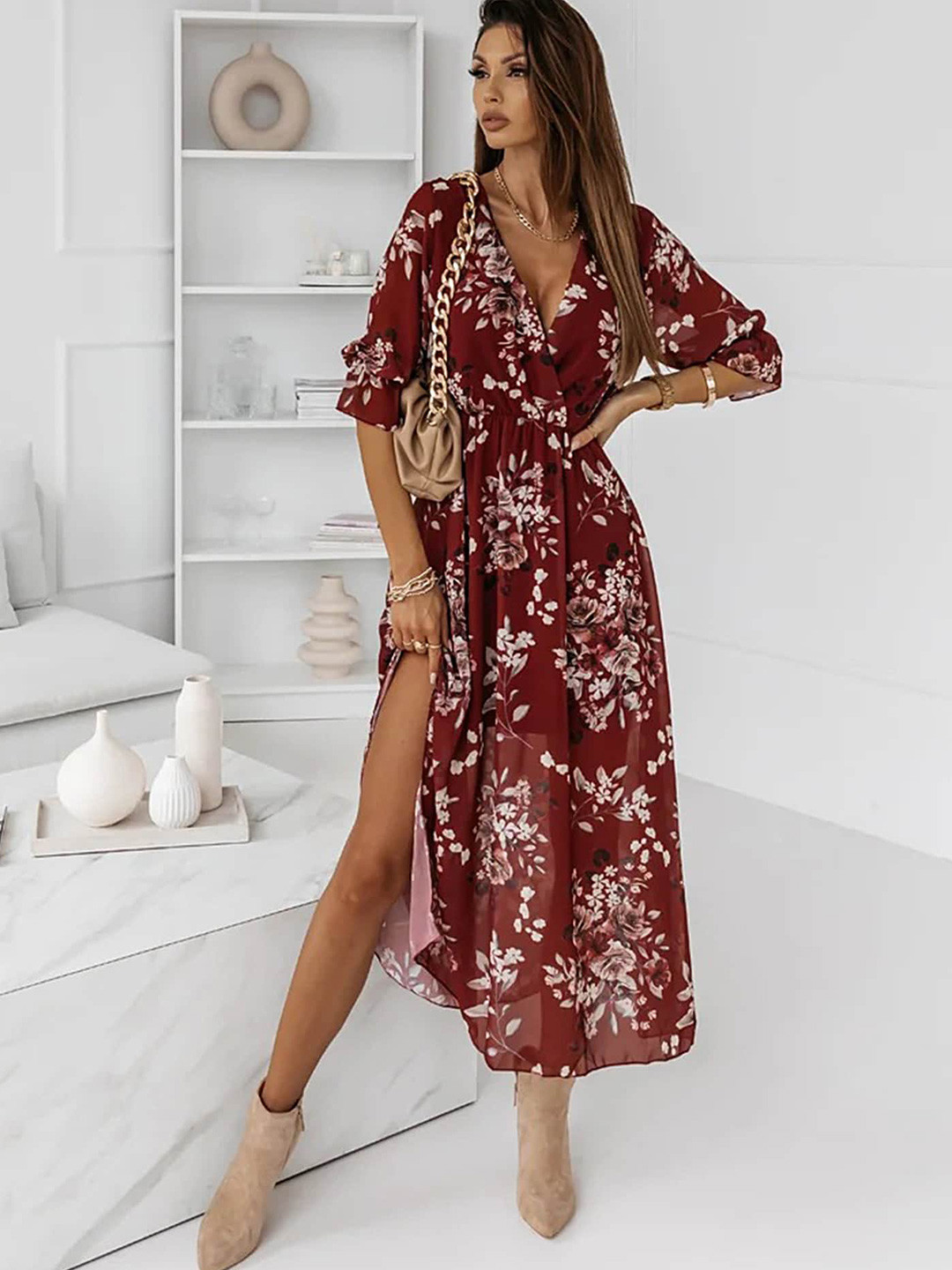 LULU & SKY Maroon Floral Printed Maxi Dress