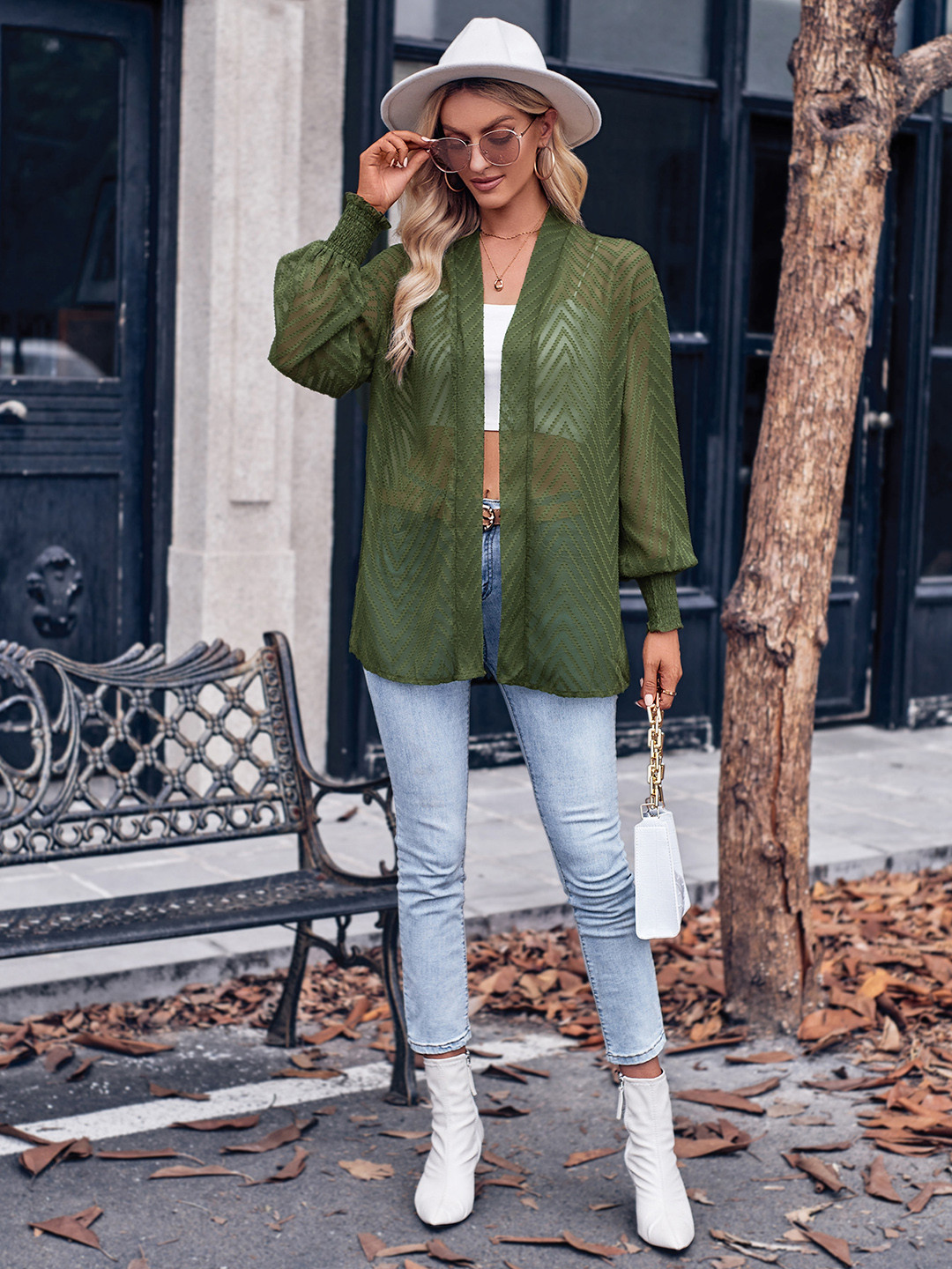 StyleCast Green Self Design Sheer Open Front Longline Shrug