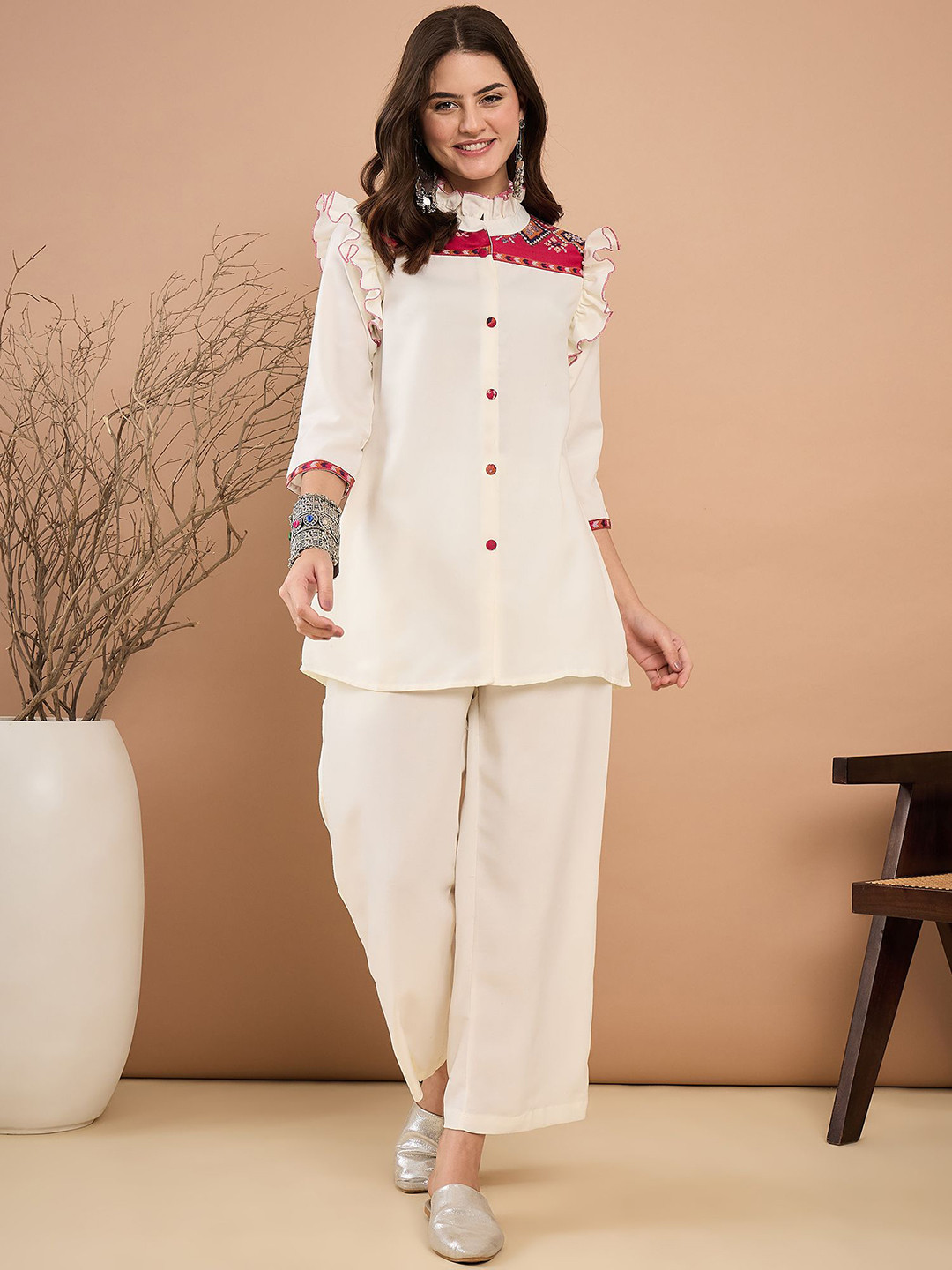 SAHASIKA Printed High Neck Ruffle Shirt With Palazzos Co-Ords