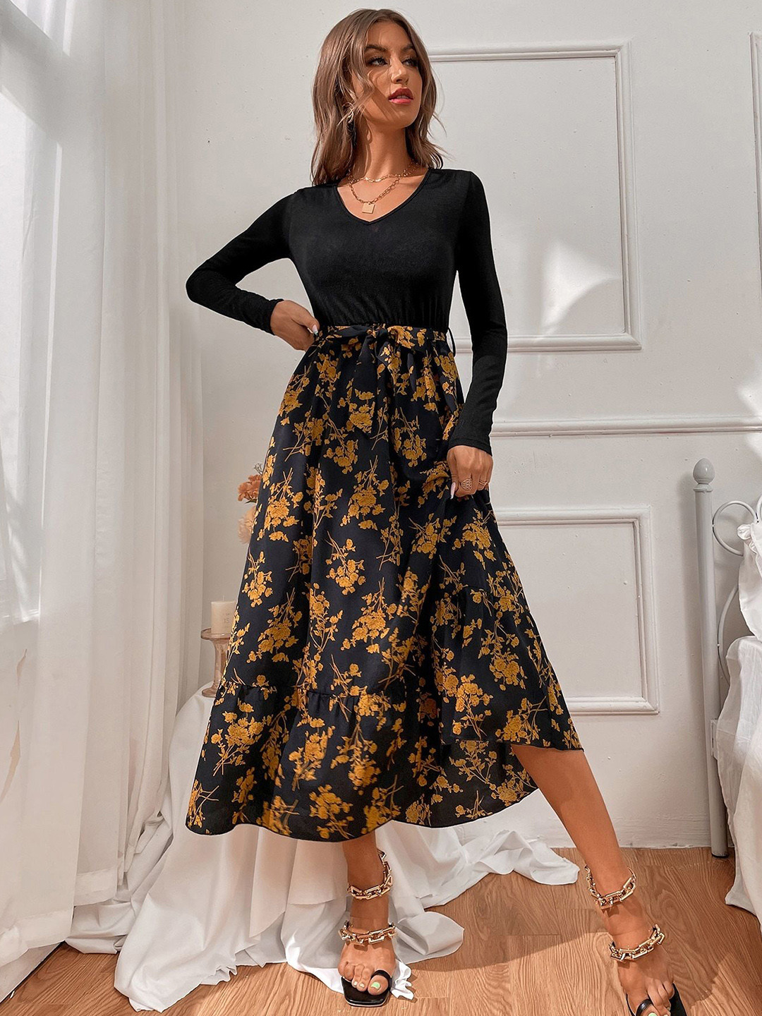 StyleCast Floral Print Long Sleeves Fit & Flare Midi Dress