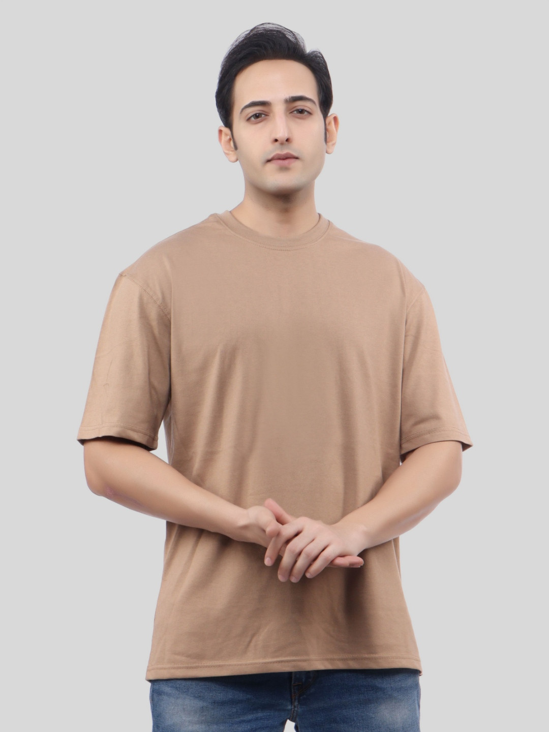 Beige Cotton Round Neck Three-Quarter Sleeves T-shirt