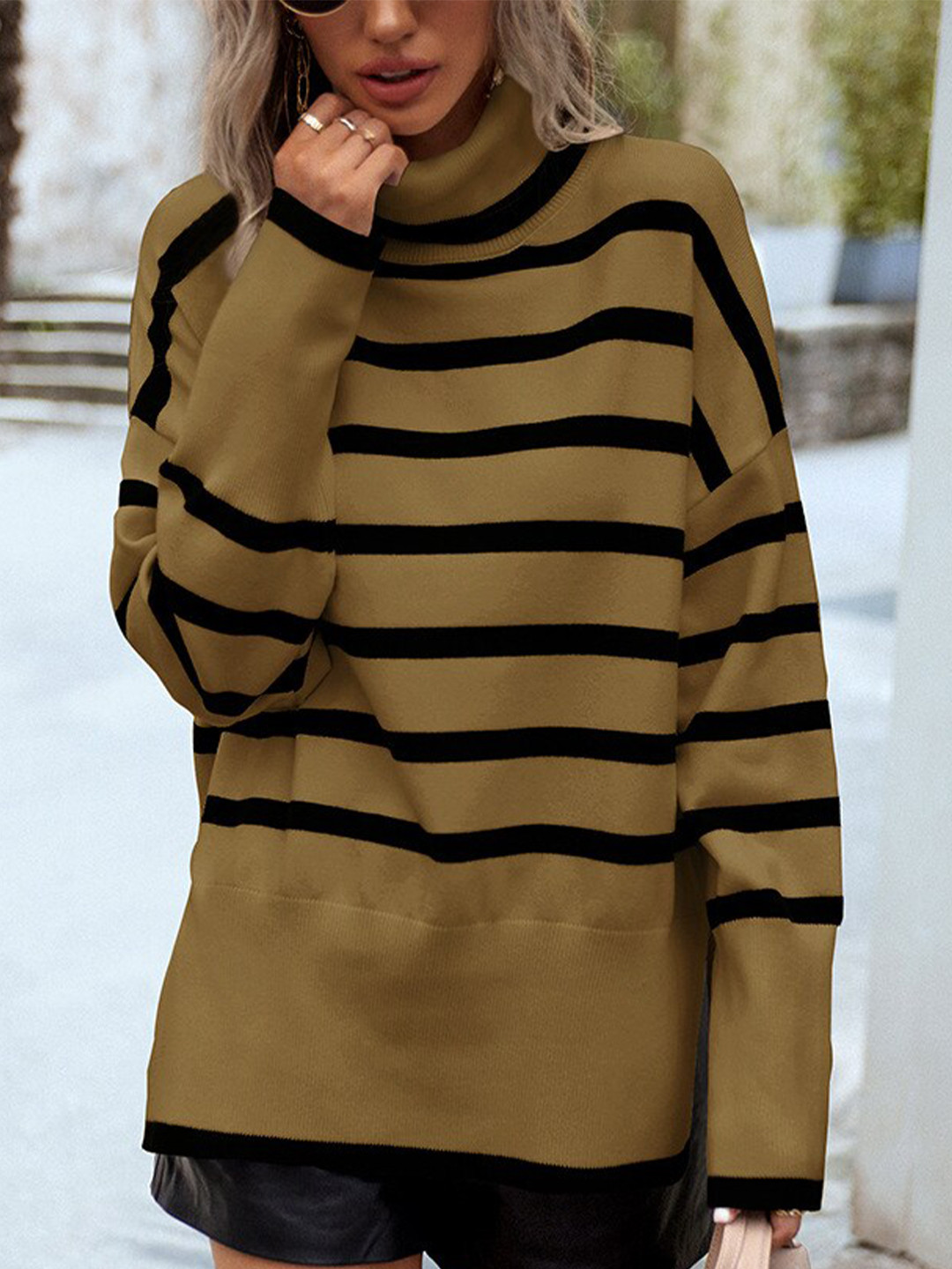 StyleCast Brown Striped Turtle Neck Pullover