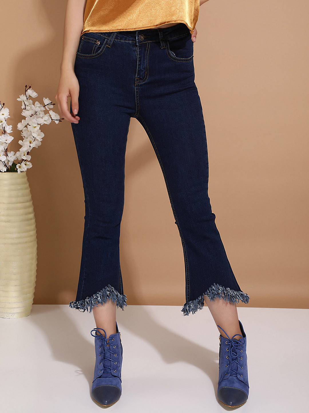 LULU & SKY Women Flared Mid-Rise Dark Shade Clean Look Stretchable Cropped Jeans