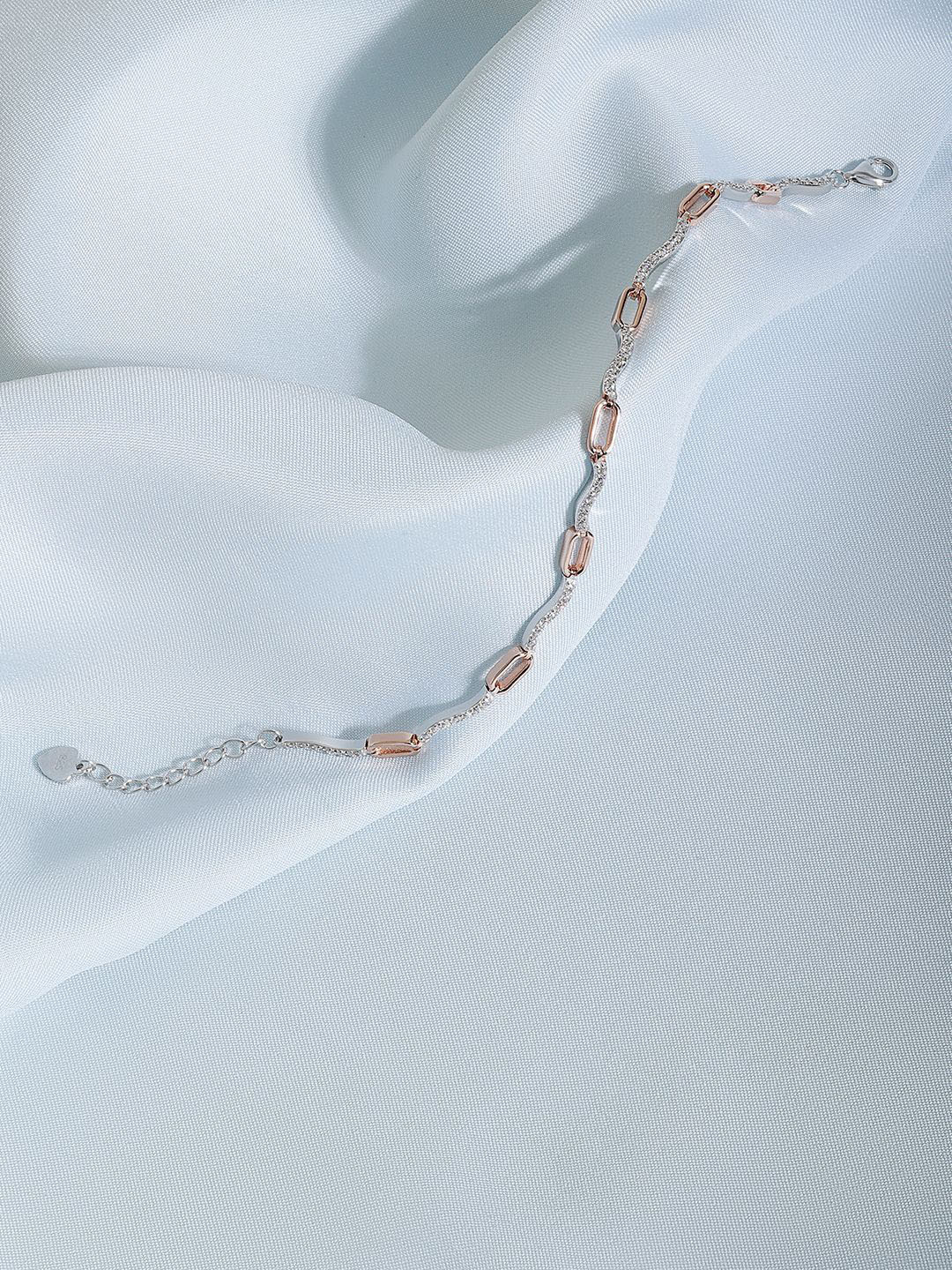 Tweov Jewels 925 Sterling Silver Rose Gold Plated CZ Rectangular Link Chain Bracelet