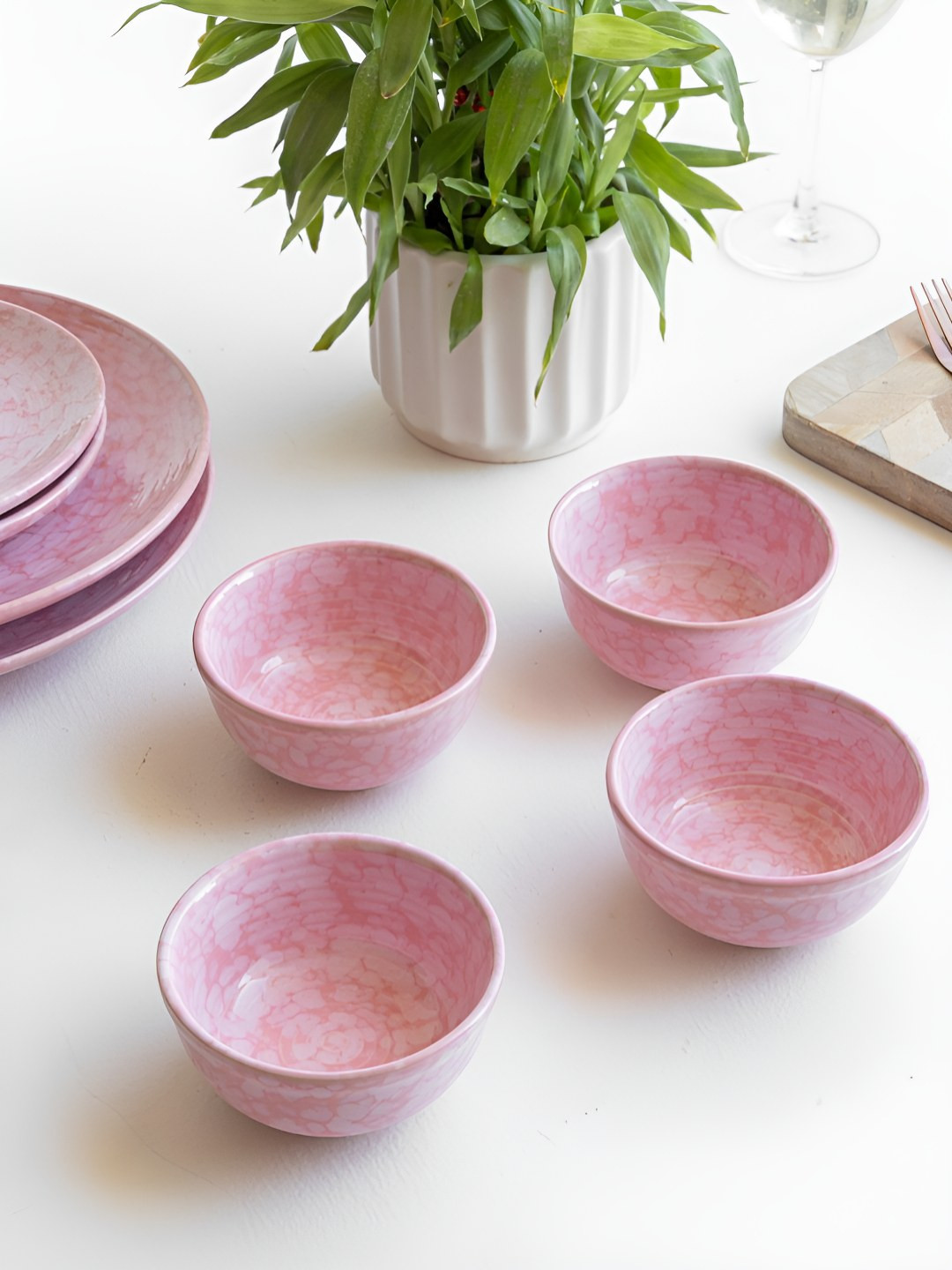 Claymistry Bone Ash-Free Pink Marble Ceramic Dishwasher and Microwave Safe 8 Piece Dinner Set
