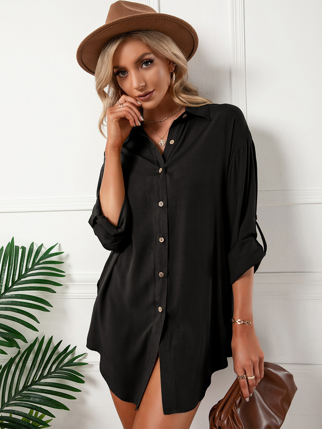 StyleCast Black Shirt Collar Roll-Up Sleeves Shirt Dress
