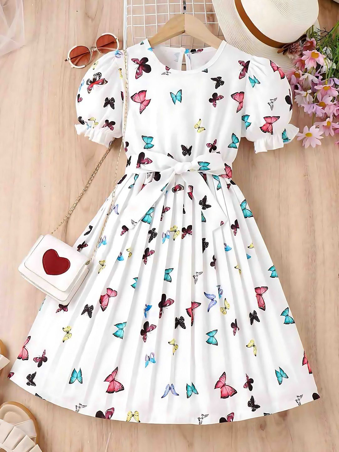 White World Print Puff Sleeve Fit & Flare Maxi Dress