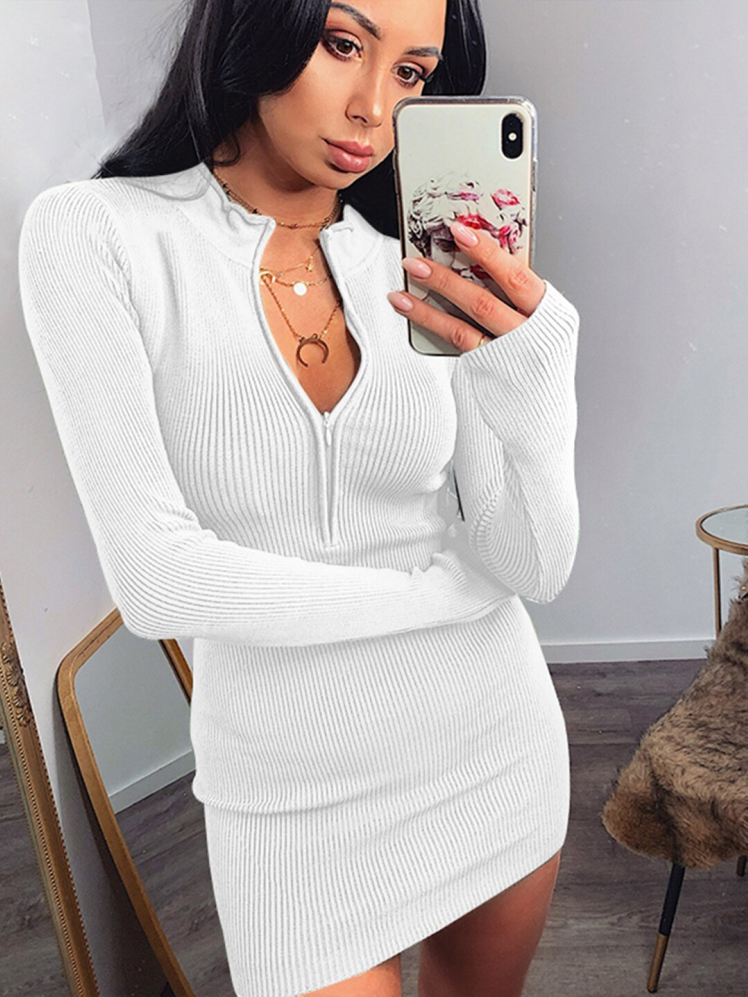 StyleCast White Ribbed Round Neck Bodycon Mini Dress