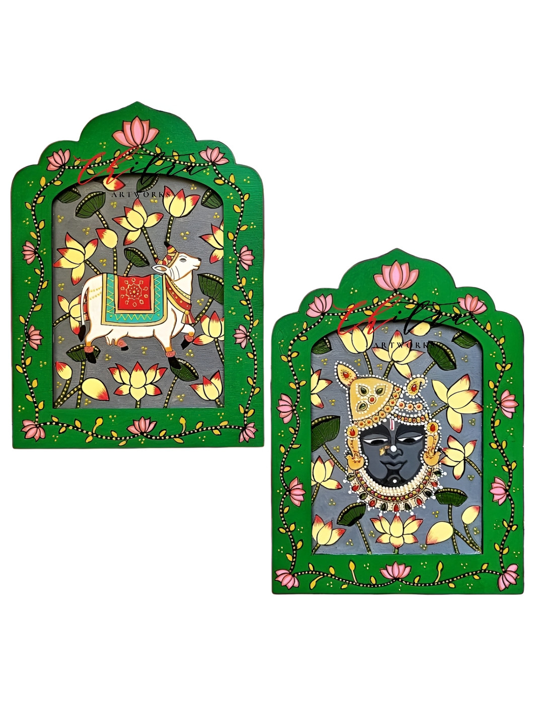 Chitra Artworks Lippan Art Wood Floral Matte Hanging Hall 2Pcs Wall Hangings-13In