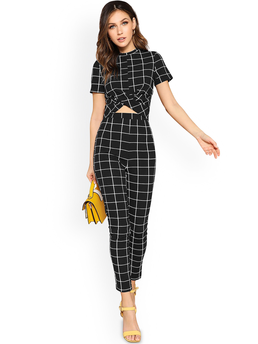 The Roadster Lifestyle Co Windowpane Checked Slim-Fit Crop Top & Trousers Co-Ord Set