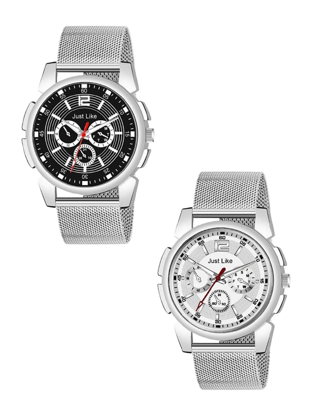 JUST LIKE Men Pack Of 2  Bracelet Style Straps Watch TigadaSefar All Black & Sil ver