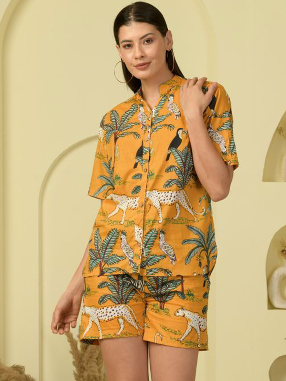 The Quince Life Jungle Joy Mustard Short Collar Neck Shirt With Shorts Set (Set of 2)