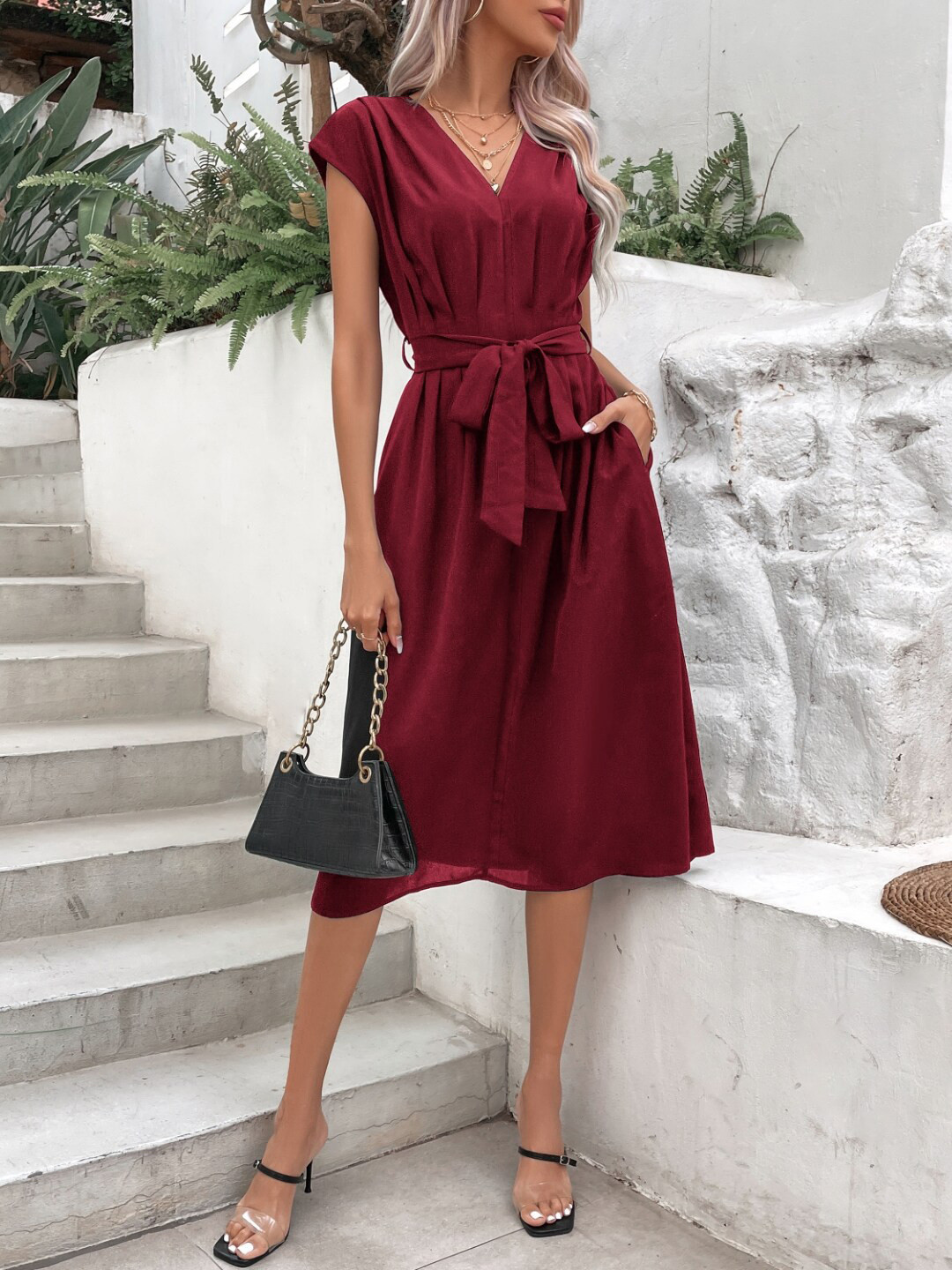 StyleCast Red V-Neck Tie-Ups A-Line Dress