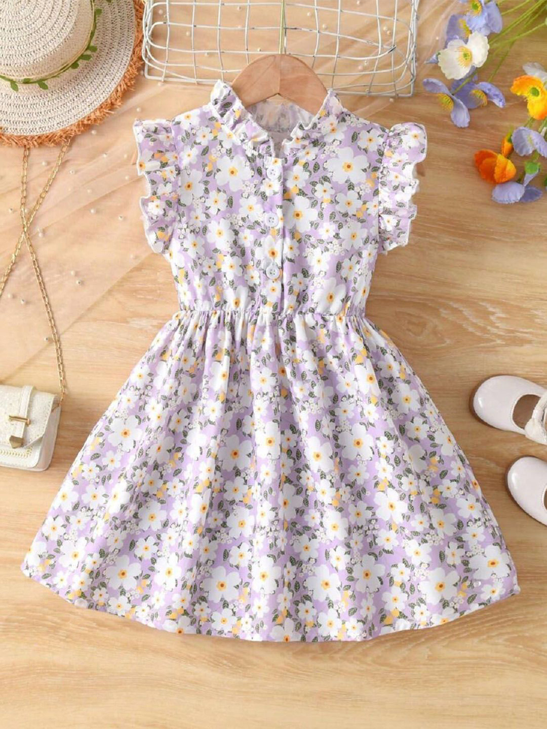 White World Girls Floral Printed Gathered Or Pleated Fit An Flare Knee Length Dress