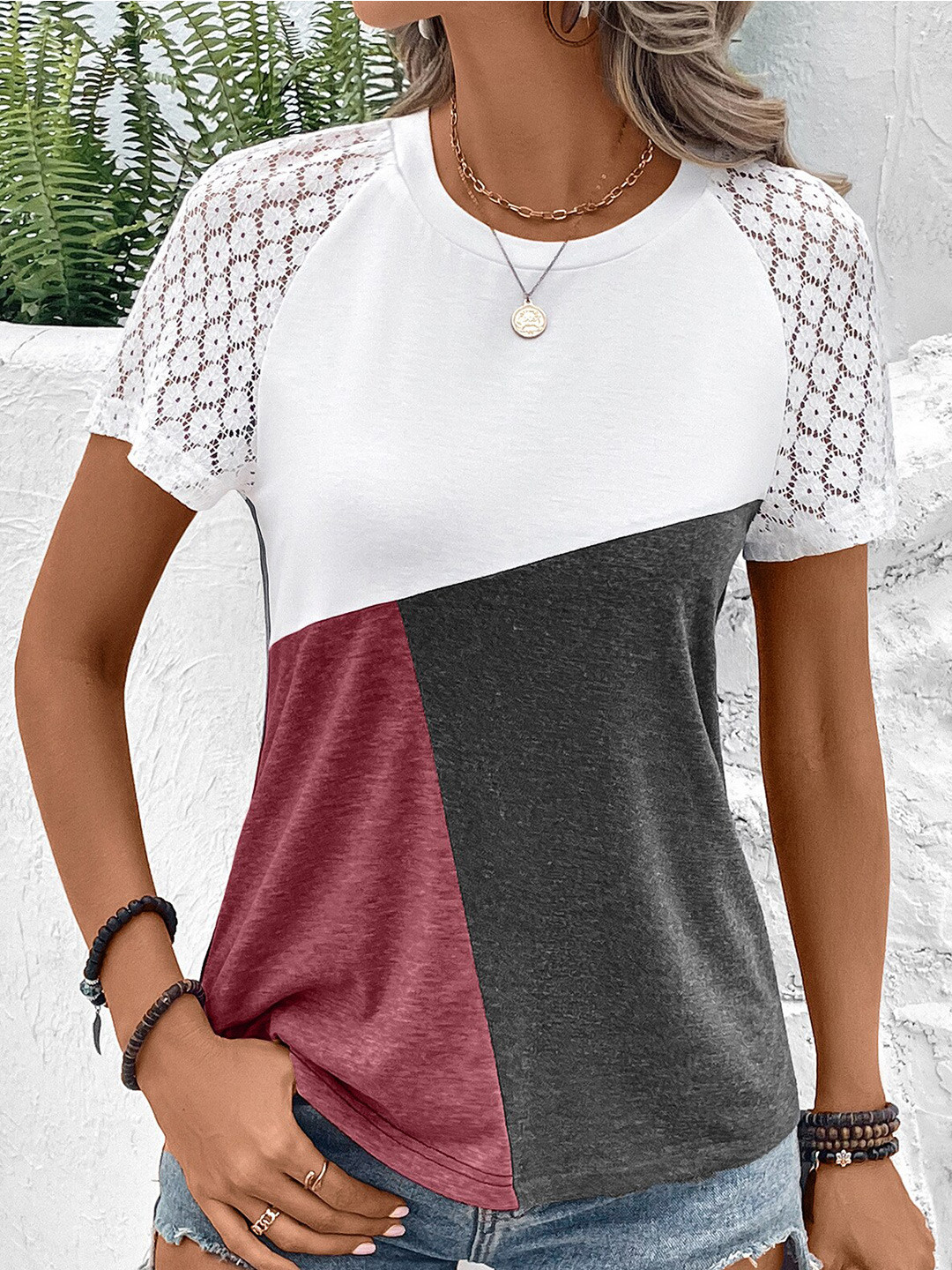 StyleCast Maroon & Grey Colourblocked Raglan Sleeves Lace Insert Top