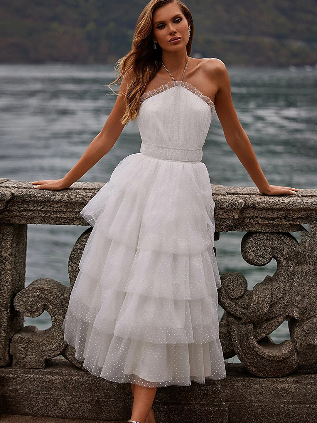 LULU & SKY White Halter Neck Layered Midi Party Dress