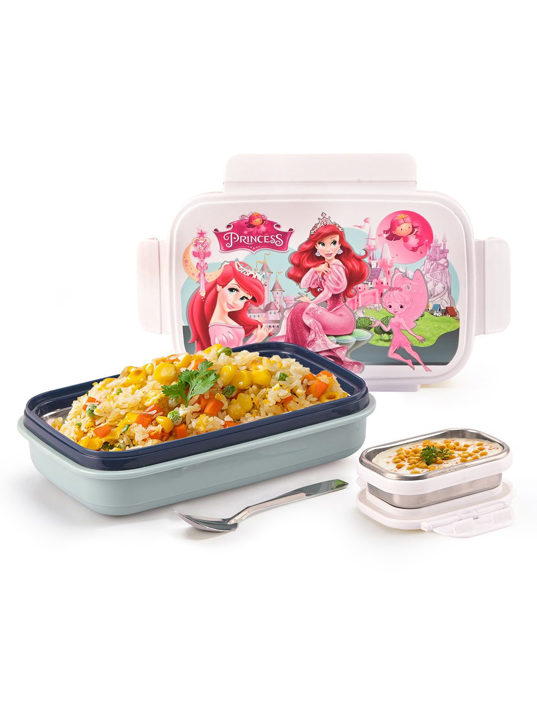 Kuber Industries Princess Plastic Leak Resistant 3PCs Lunch Box With Spoon and Fork