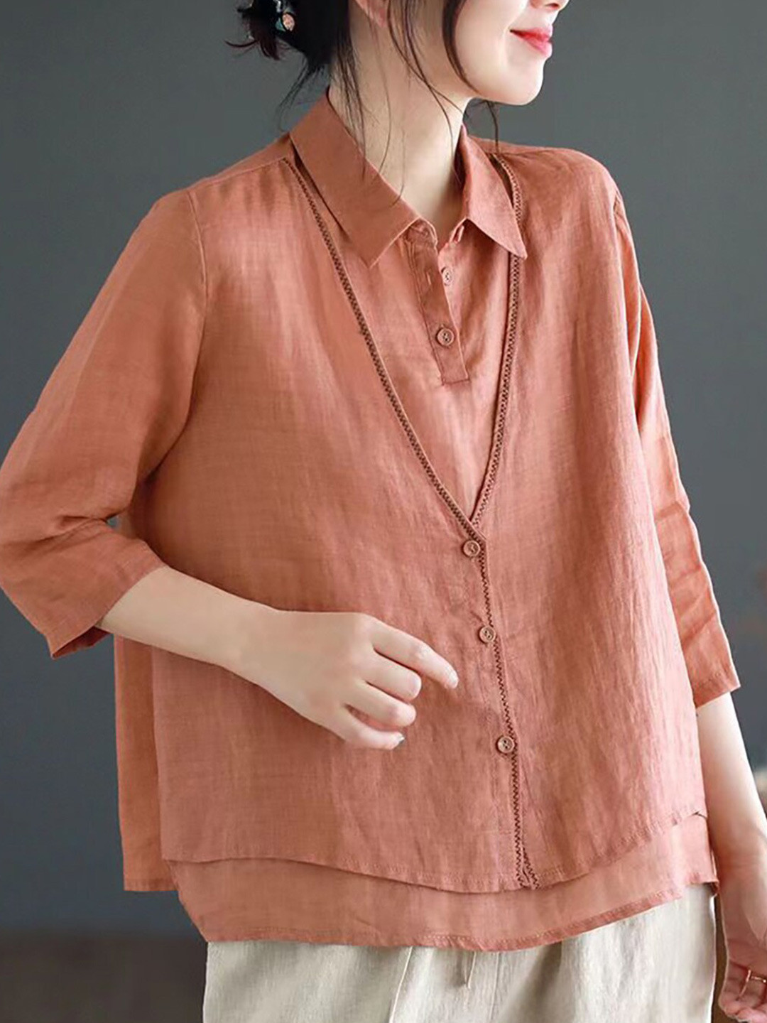 StyleCast Orange Shirt Collar Cotton Shirt Style Top