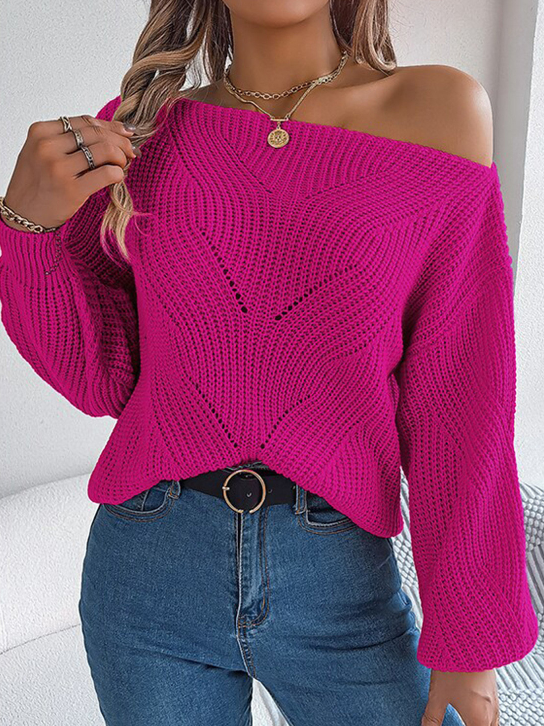 StyleCast Fuchsia Cable Knit Off shoulder Acrylic Sweater