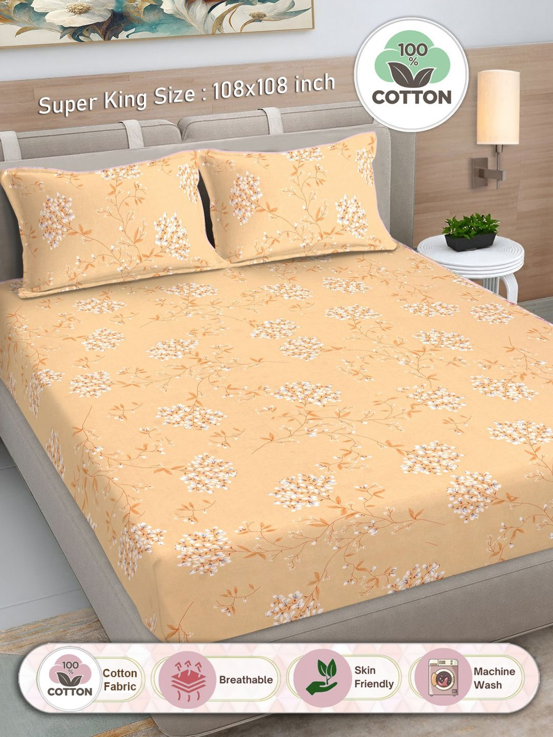 FABINALIV Yellow Floral Cotton Breathable 300 TC Super King Fine Bedsheet with 2 Pillow Covers-270 x 270 cm