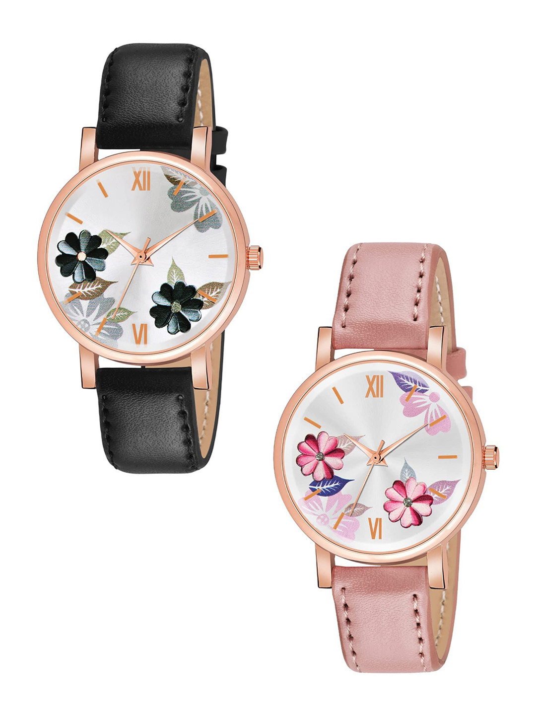 JUST LIKE Girls Printed Dial  Analogue Watch 81 flowers pink & Black combo 2