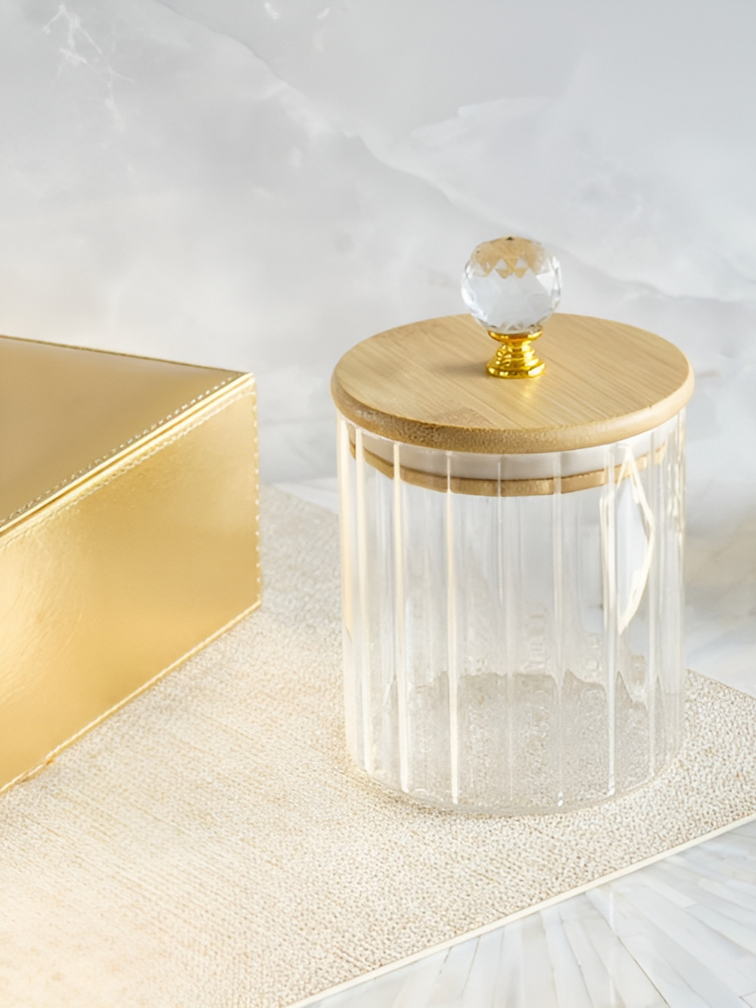 RCASA Gold Toned & Transparent Glass Jar With Crystal Airtight Lid Clear