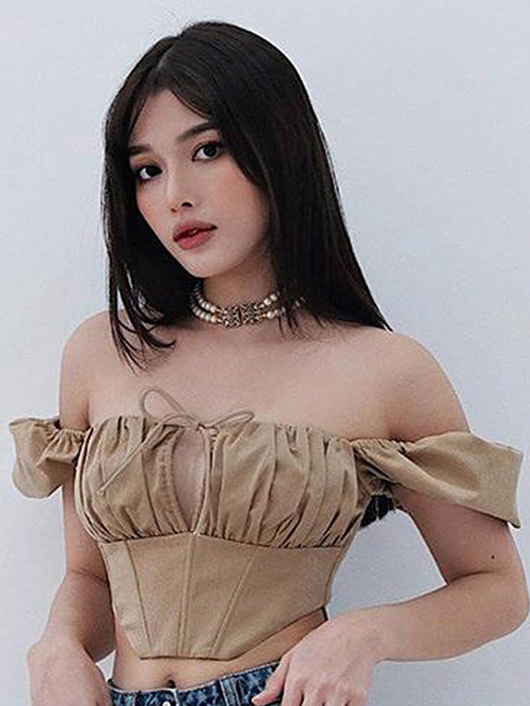 LULU & SKY Off-Shoulder Puff Sleeves Tie up Bardot Crop Top