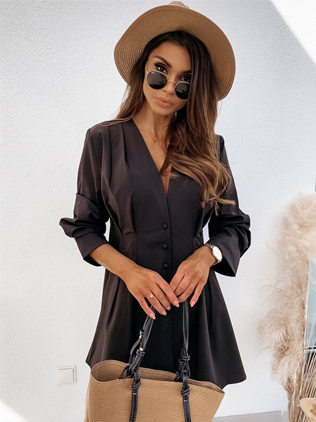 StyleCast Black V-Neck Long Sleeves Gathered Shirt Mini Dress