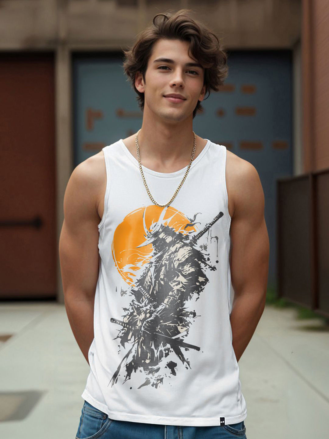 Bewakoof Men's White Warrior Graphic Printed Vest