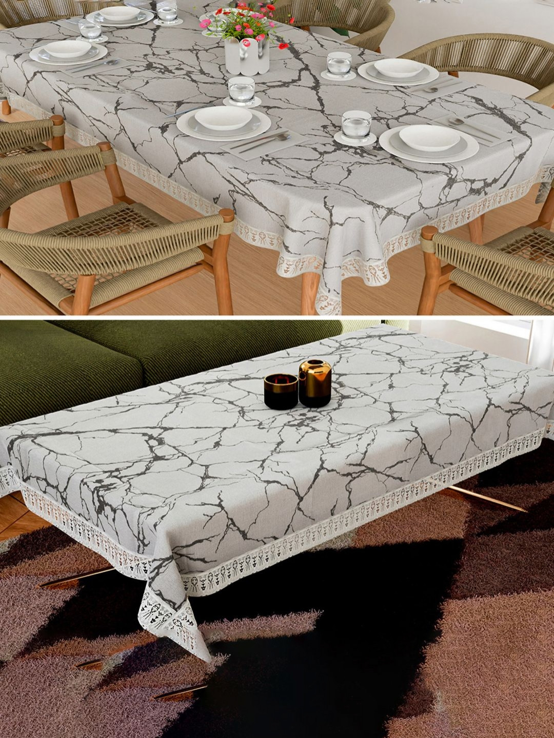 Myntra Elegant Homes 2 Pcs Grey & Black Marble Printed 6-Seater Cotton Table Cover Set