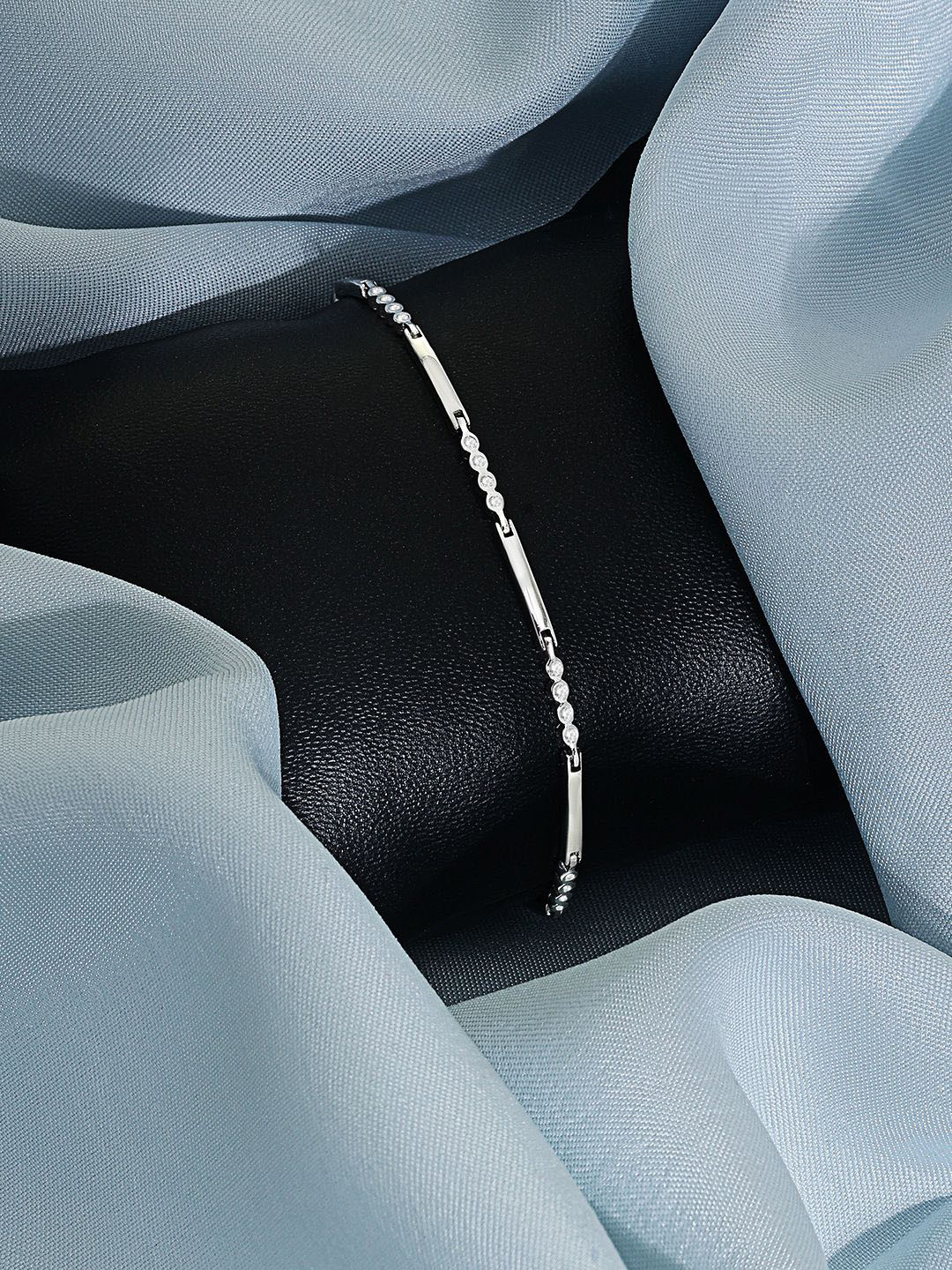 Tweov Jewels Women 925 Sterling Silver Rhodium-Plated CZ Straight Link Chain Bracelet