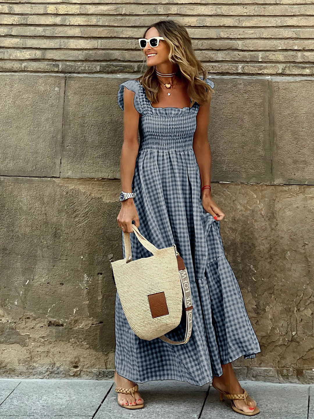 StyleCast Blue Checked Square Neck Maxi Dress