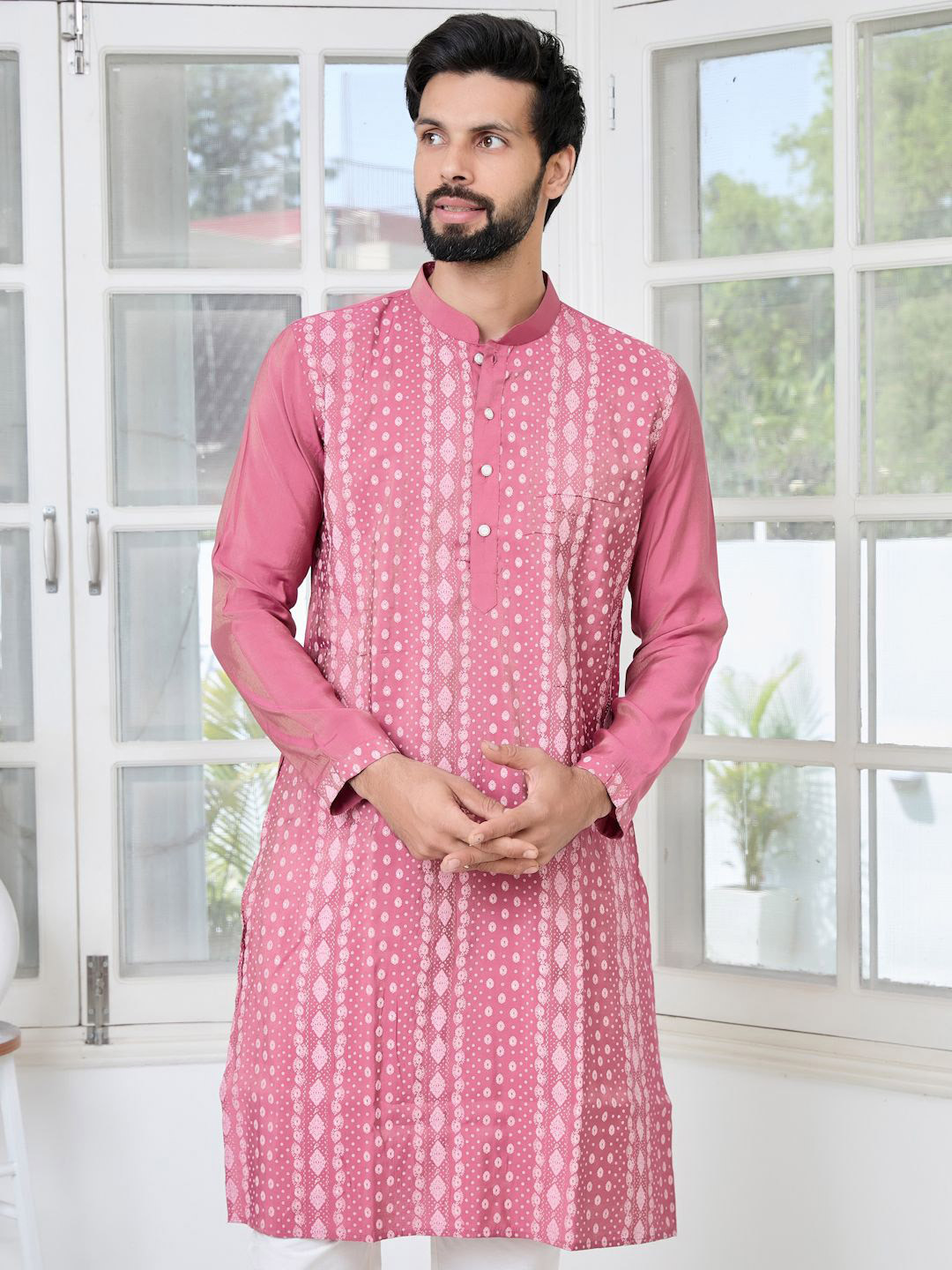 See Designs Floral Printed Mandarin Collar Mirror Work Straight Kurta
